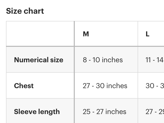 Image showing size chart with column and row headers