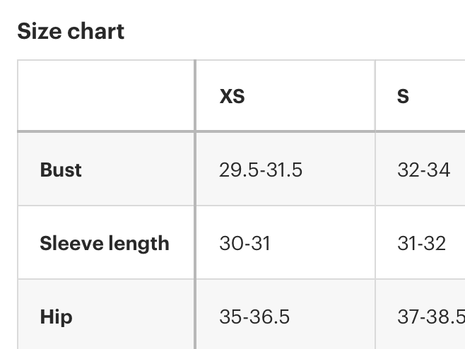 Image showing size chart