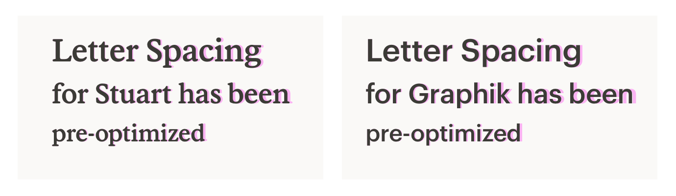 Text boxes showing pre-optimized letter spacing for Stuart and Graphik.